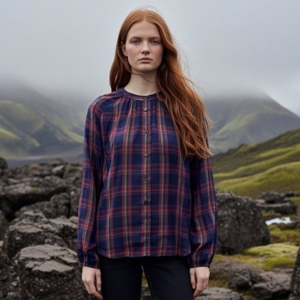 THE GREAT. "MELODY CANDY PLAID" OVERSIZED LONG SLEEVE BUTTON DOWN TOP